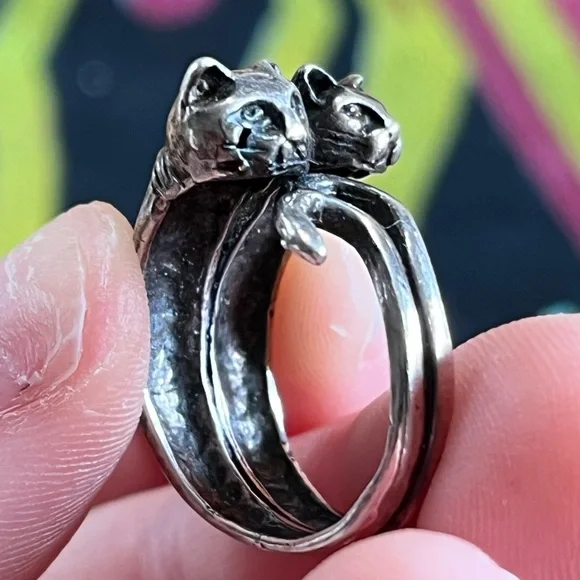 VTG Whimsigoth Double Trouble Cat Feline Sterling Silver 925 Size 6 Ring